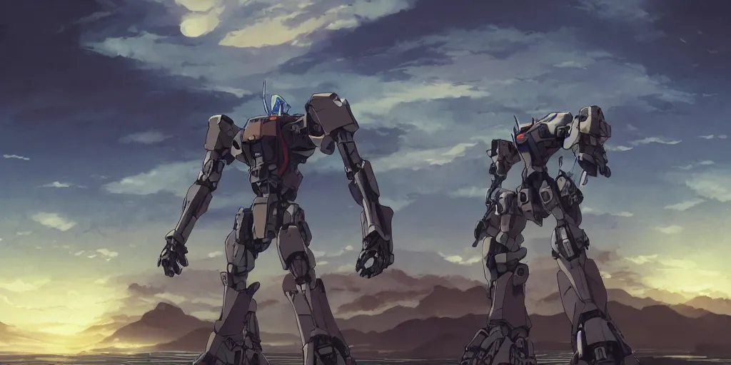 Image similar to Mecha standing near the river, beautiful landscape made by Studio Ghibli, volumetric lighting, highly detailed art, concept art, Greg Rutkowski, Ayami Kojima, James Jean, Yoshitaka Amano, sunset, beautiful scene, shooting stars, sharp focus, smooth, 8k, anime art,depth of field, dynamic sky