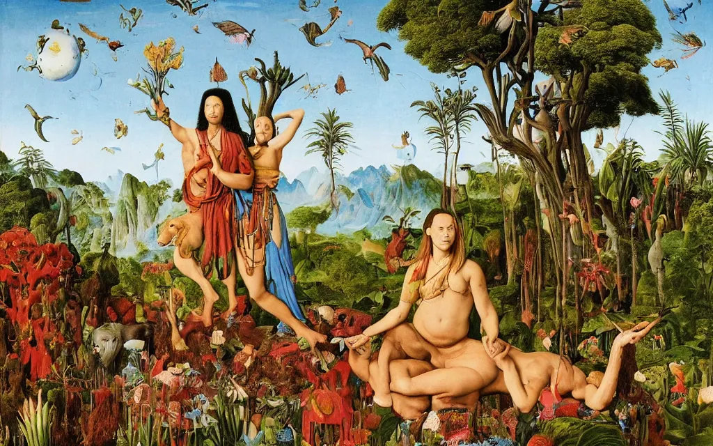 Prompt: a portrait photograph of a meditating sphinx and a centaur king riding birds and hugging tropical animals at a river delta. surrounded by bulbous flowers, animals and trees. mountain range under a blue sky of burning stars. painted by jan van eyck, max ernst, ernst haeckel and ernst fuchs, cgsociety, artstation, fashion editorial, 8 k