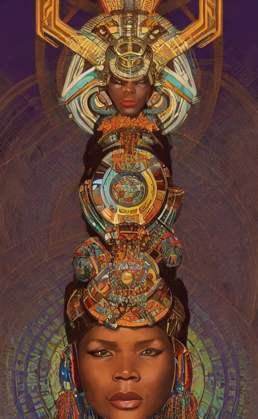 Prompt: a retro futuristic african tribal chief, art by joseph christian leyendecker, design blocking by alphonso mucha and drew struzan, highly detailed, digital painting, airbrush, concept art, illustration, smooth sharp focus, intricate, symmetry,