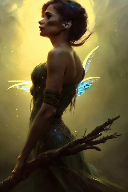 Image similar to cinematic shot of an epic portrait of a fairy dressed in military clothes, shiny skin, beautiful eyes, beautiful, small details, night setting, realistic poster with volumetric light from craig mallism, artgerm, jeremy lipkin and michael garmash, unreal engine, radiant light, detailed and complex environment, digital art, trends at art station, a masterpiece