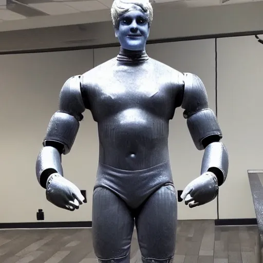 Image similar to a realistic detailed photo of a guy who is an attractive humanoid who is half robot and half humanoid, who is a male android, wrestler bo nickal, shiny skin, posing like a statue, blank stare, by the pool, on display, showing off his muscles, humanoid robot, frozen ice statue