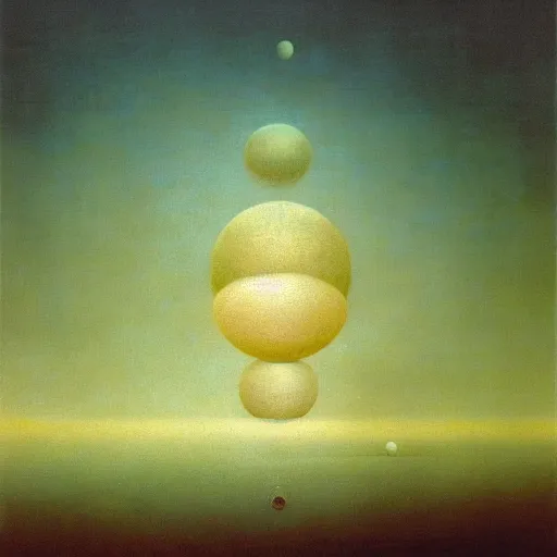 Prompt: multiple spheres floating above the horizon, spread out horizontally from left to right, zdzislaw beksinski, jim burns, ivan aivazovsky