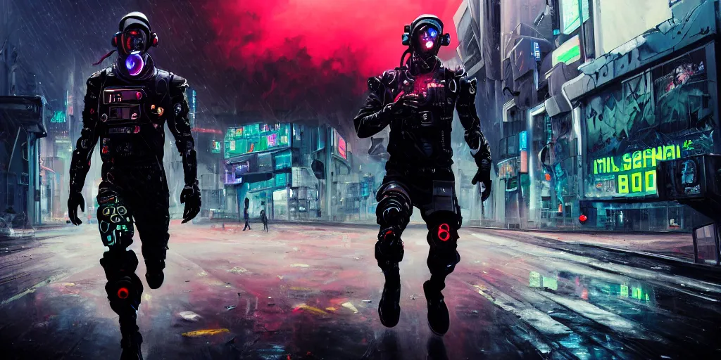 Prompt: Action portrait painting of a cyberpunk supersoldier villian character, armoured in athletic carbon suit head to toe, running towards camera in cyberpunk street, car explosion in background, rain, dark clouds atmosphere, wide shot, asymmetrical, profile picture, Organic Painting, sunset dark dramatic, matte painting, bold shapes, hard edges, street art, wide angle lens, trending on artstation, by Sachin Teng