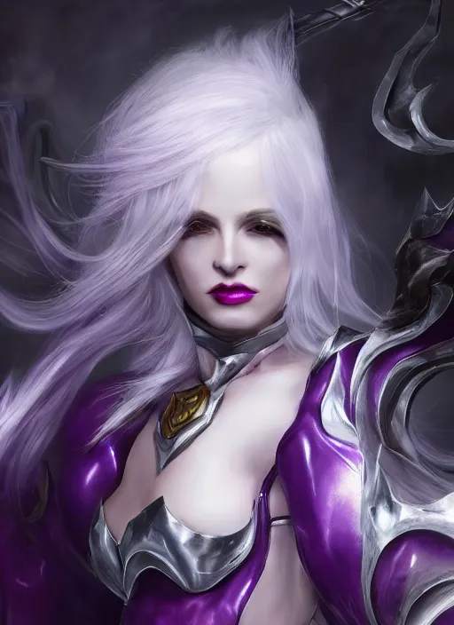 Image similar to syndra, from league of legends, white hair, purple magic, hyper detailed, digital art, au naturel, with abs, trending in artstation, cinematic lighting, studio quality, smooth render, unreal engine 5 rendered, octane rendered, art style by klimt and nixeu and ian sprigger and wlop and krenz cushart