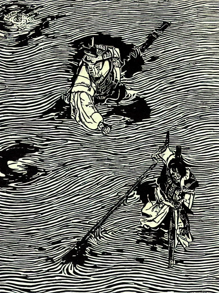 Prompt: old printmaking woodblock print of a samurai with a katana standing in water with ripples around him, a big sun above. beautiful dark fantasy, 8k detail