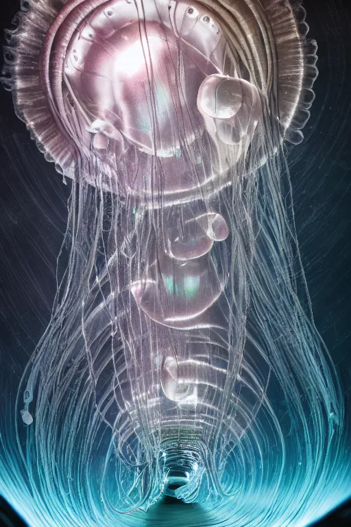 Prompt: 8 k photography cyborg deep - sea ribbon jellyfish shark egg swirling around subsurface scattering shiny translucent, wide shot, futuristic, light shafts, hyper - realistic, highly detailed and intricate, ornate, luxury, elite, horror, creepy, ominous, haunting, cinematic, smoky, atmospheric