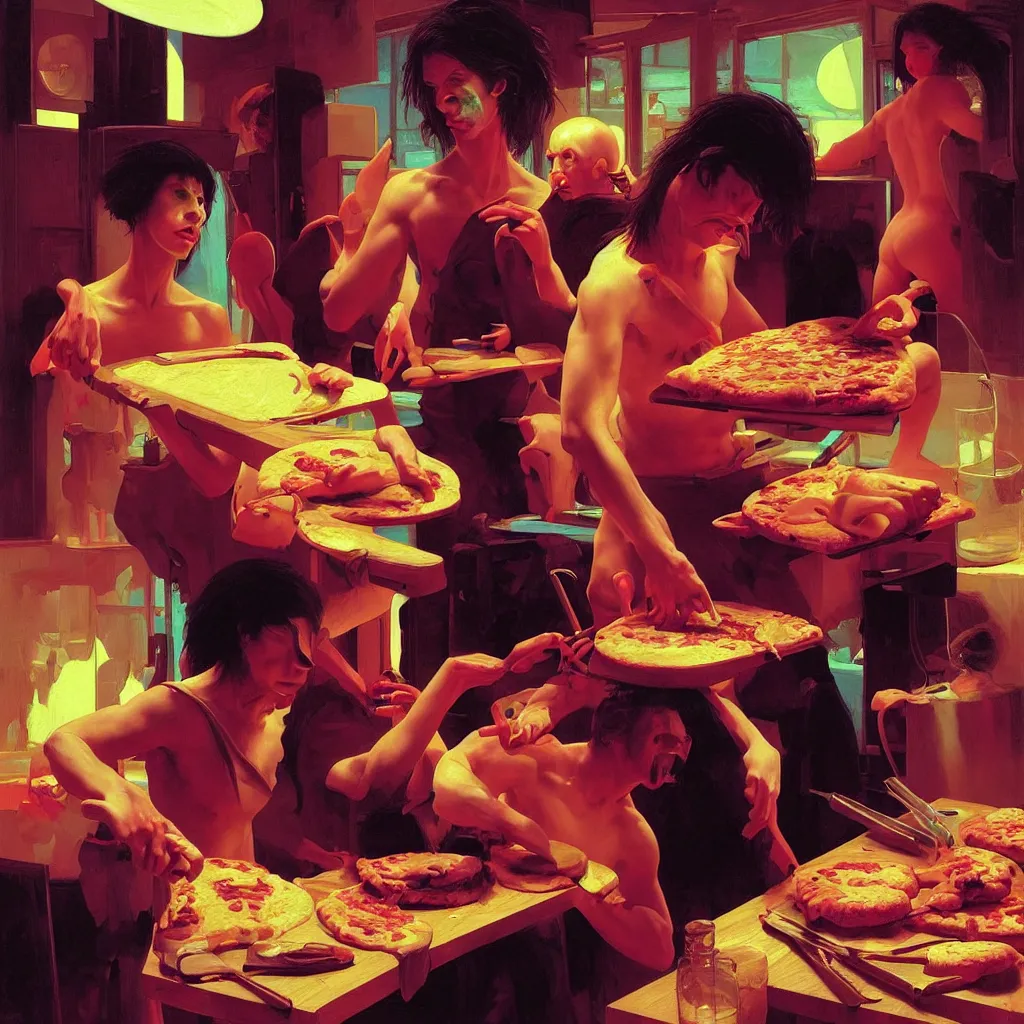 Prompt: weird and disturbing portrait of nick cave baking pizza, vivid colors, death, neon, art by ( ( ( kuvshinov ilya ) ) ) and wayne barlowe and francis bacon and artgerm and wlop and william - adolphe bouguereau