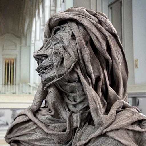 Image similar to dust wrapped creature full of scars and cracks statue sculpted by bernini