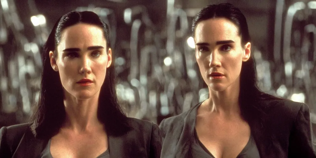 Image similar to jennifer connelly in matrix, cinema, still from movie, action, blu ray, 4 k, strong acting