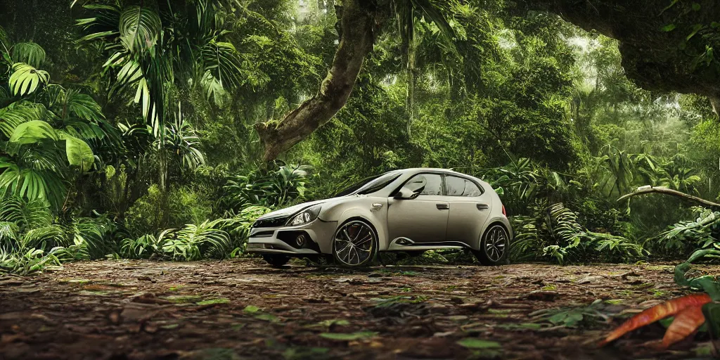 Image similar to Amazonian jungle with tropical plants and leaves falling from tree and a Cupra car placed in the center of the frame , unreal 5, hyperrealistic, realistic, photorealistic, dynamic lighting, highly detailed, cinematic landscape, studio landscape, studio lighting