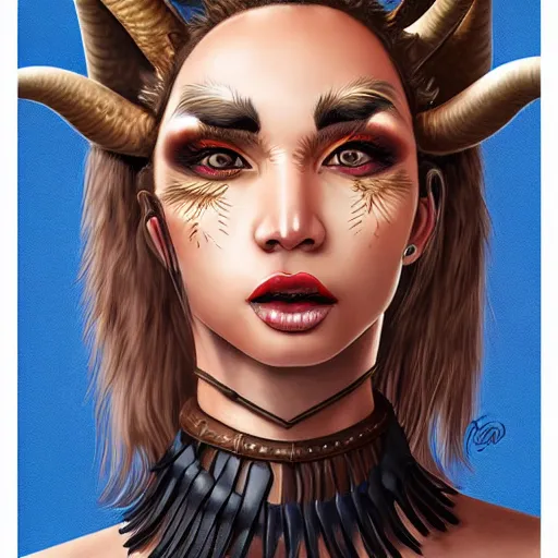 Image similar to illustrated realistic portrait of ram-horned devil woman with blue bob hairstyle and her tan colored skin and with solid black eyes wearing leather by rossdraws