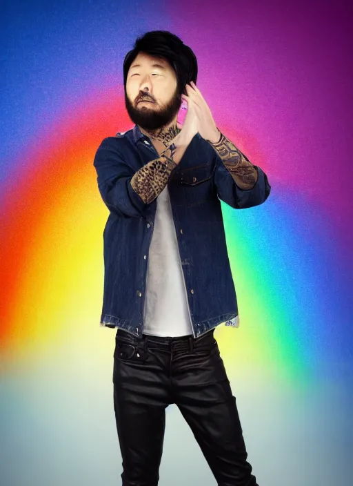 Image similar to japanese man with short hair and a beard wearing denim and leather clothes dancing next to a rainbow, full body portrait, dynamic lighting