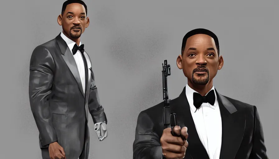 Prompt: will smith is james bond in suit and tie, white background, hyperdetailed, artstation, cgsociety, 8 k