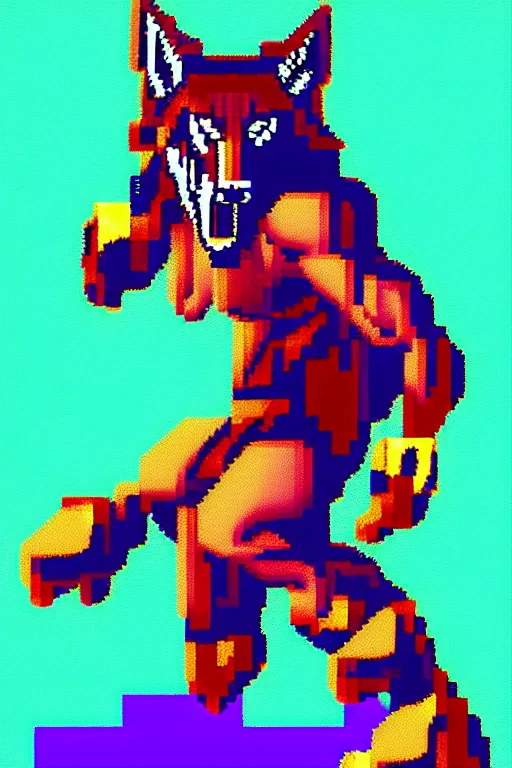 Image similar to full body shot antropomorphic muscular masculine wolf. kickboxer. wolf head. furr on body. 8 bit nes graphics. 1 6 color palitre. vaporwave futuristic 8 0's