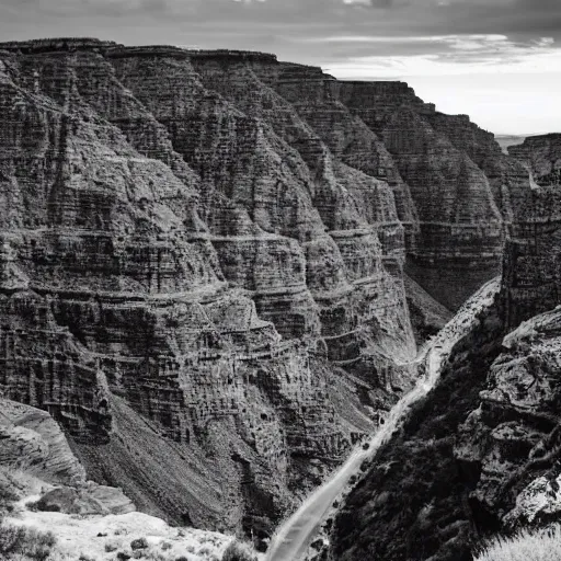 Prompt: black and white landscape photo of a large canyon