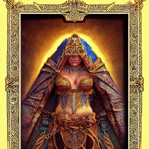 Prompt: digital painting incan card frame, by filipe pagliuso and justin gerard, symmetric, fantasy, realistic, highly detailed, realistic, intricate, sharp focus, tarot card frame, peruvian