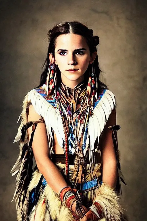 Image similar to “Photo of Native American indian woman Emma Watson, portrait, skilled warrior of the Apache, ancient, realistic, detailed, emma watson”