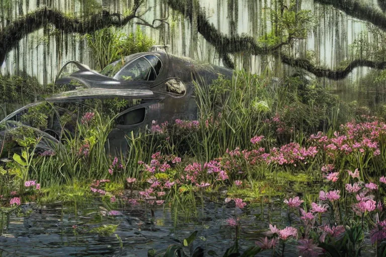 Image similar to hyperrealism, scene from louisiana swamps, starship, spring blooming flowers garden, true detective, 8 0 s japanese sci - fi books art