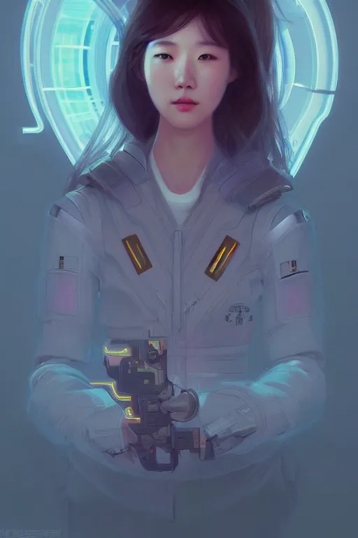 Image similar to portrait futuristic korean Airforce Girl, inside future fighter, ssci-fi, fantasy, intricate, very very beautiful, elegant, human anatomy, neon light, highly detailed, digital painting, artstation, concept art, smooth, sharp focus, illustration, art by tian zi and WLOP and alphonse mucha