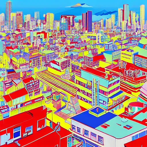 Prompt: wharf, [ red - yellow - blue buildings ], city on mountainside in distance, japanese city, cel - shading, 2 0 0 1 anime, flcl, jet set radio future, the world ends with you, sunshine, cel - shaded, strong shadows, vivid hues, y 2 k aesthetic, art by artgerm