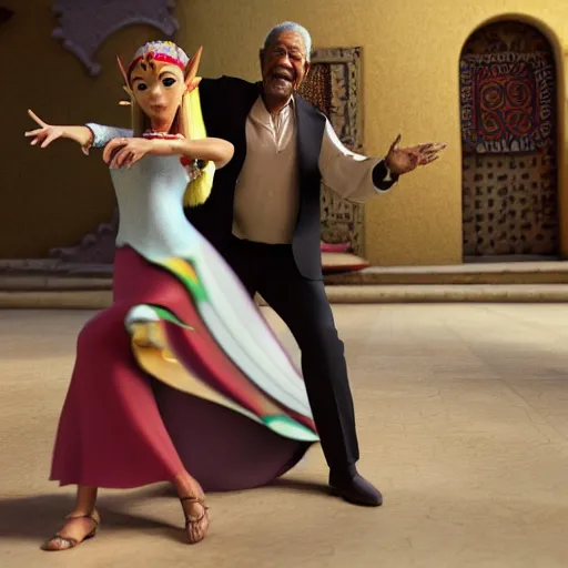 Image similar to morgan freeman playing the spanish guitar and princess zelda from the legend of zelda dancing flamenco, realism, 4 k, award winning photograph octane render, award winning photograph