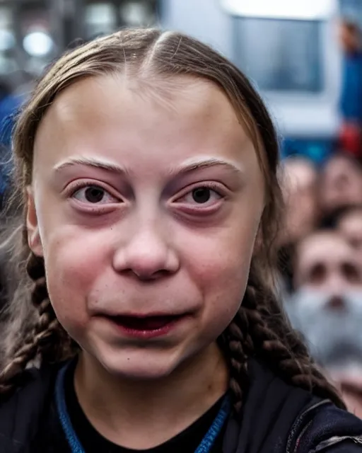 Image similar to film still close - up shot of greta thunberg with face piercings giving a speech in a crowded train station eating pizza, smiling, the sun is shining. photographic, photography