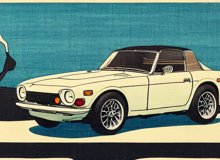 Image similar to ukiyo - e painting of a detailed 1 9 6 9 datsun fairlady roadster