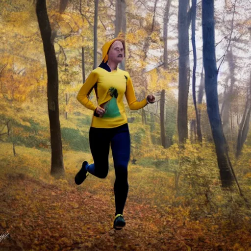 Image similar to a female orienteer wearing a yellow long - sleeved shirt and black tights runs in the forest, oil on canvas, trending on artstation.