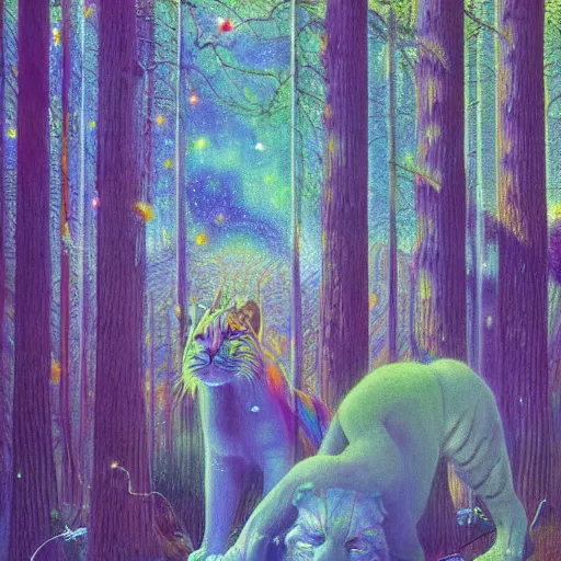 Prompt: psychedelic big cats lush pine forest, outer space, milky way, designed by arnold bocklin, jules bastien - lepage, tarsila do amaral, wayne barlowe and gustave baumann, cheval michael, trending on artstation, star, sharp focus, colorful refracted sparkles and lines, soft light, 8 k 4 k