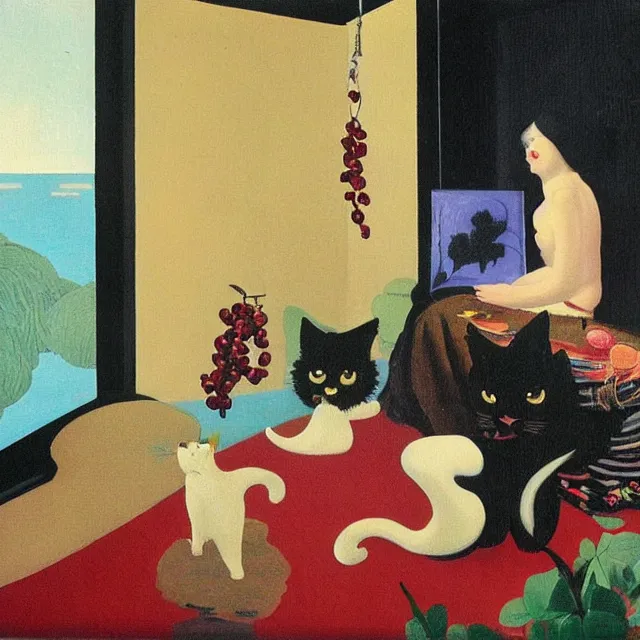 Image similar to emo catgirl artist in her lounge room, painting of flood waters inside an artist's loungeroom, a river flooding indoors, pomegranates, pigs, ikebana, water, octopus, river, rapids, waterfall, black swans, canoe, berries, acrylic on canvas, surrealist, by magritte and monet