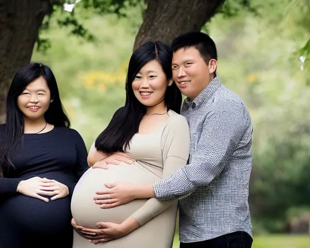 Prompt: Maternity photo of a young Asian-American couple, both husband and wife are 9 months pregnant