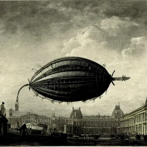 Image similar to a photograph of a steampunk dirigible floating above london in the 1 8 6 0