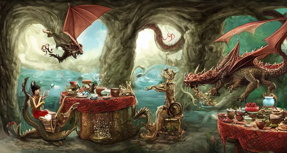 Prompt: A huge dragon having tea with his captive princess in his treasure-laden lair, digital art, detailed