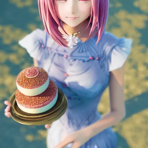 Image similar to Render of a beautiful 3d anime woman holding a birthday cake to show the camera, long light pink hair, full bangs, hazel eyes, cute freckles, full round face, smug smile, Chinese heritage, cute checkerboard sundress, golden hour, serene beach setting, medium shot, mid-shot, hyperdetailed, trending on Artstation, Unreal Engine 4k