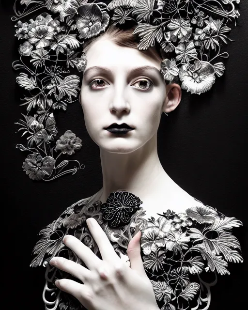 Image similar to masterpiece monochrome profile portrait painting, dutch masters, silver lace floral steampunk biomechanical beautiful one techno eye young female cyborg, big monocular, volumetric light, leaves foliage and stems, hibiscus flowers, by cecile beaton, rim light, big gothic fashion pearl embroidered collar, 8 k