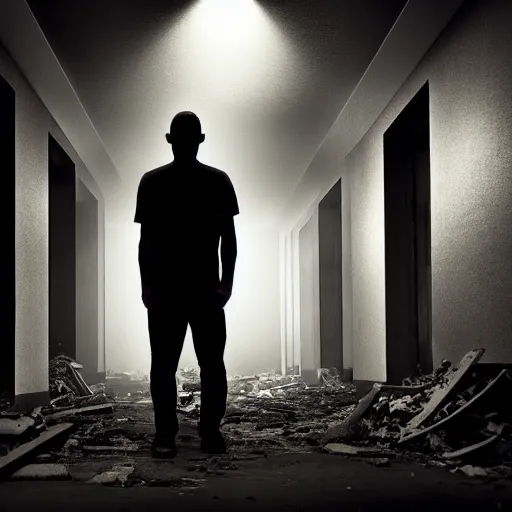 Prompt: A mysterious man standing in the middle of a stair hallway looking in the direction of the camera, the man is using a flashlight in a City in ruins with trees growing from the destroyed buildings :: apocalyptic, gloomy, desolate :: long shot, low angle, dramatic backlighting, symmetrical photography :: cinematic shot, highly detailed