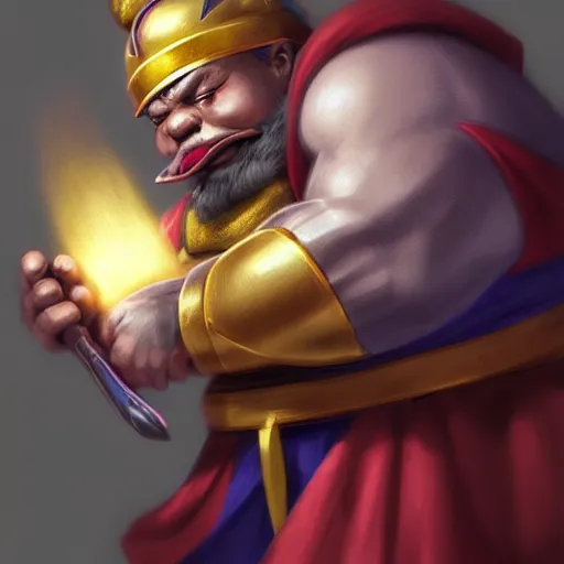 Image similar to king dedede holding his hammer fighting kirby. league of legends character art. digital illustration. hyper realistic. high quality. high resolution. 4 k. dynamic lighting. highly detailed. trending on artstation. ruan jia, wlop. scifi, fantasy, magic the gathering, hyper detailed, octane render, concept art, peter mohrbacher, artgerm.