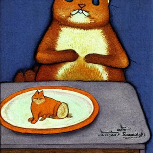 Image similar to fat orange cat on a table with lasagna by maurice sendak