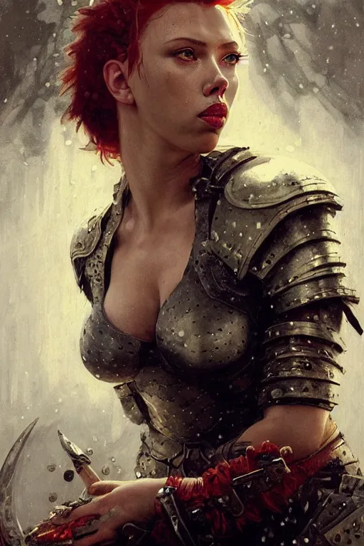 Image similar to scarlet johansson, legendary warrior, heroic fighter, dungeons & dragons, tattoos, decorative ornaments, battle armor, by carl spitzweg, ismail inceoglu, vdragan bibin, hans thoma, greg rutkowski, alexandros pyromallis, perfect face, detailed, sharply focused, centered, rule of thirds, realistic shading