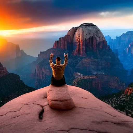 Image similar to highly detailed concept art of award winning cinematic still of man praying with hands up in zion national park, rock formations, colorful sunset, epic, cinematic lighting, dramatic angle, heartwarming drama directed by Steven Spielberg, t, wallpaper