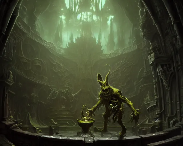 Image similar to 4 k cinematic still portrait of a goblin in a dark liminal space room, nurgle, deep focus, d & d, fantasy, intricate, repulsive, highly detailed, digital art, art station, concept art, matte, sharp focus, illustration, dark fantasy art, hearthstone, art by artgerm and greg rutkowski and alphonse mucha