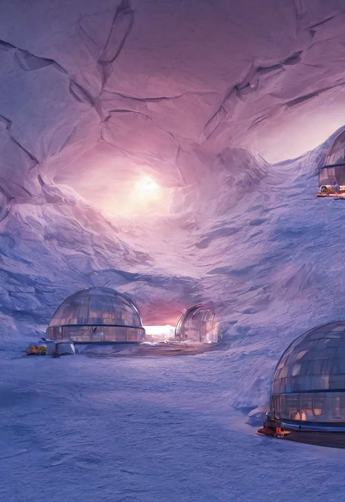 Image similar to Multiple tunnels in antartica with a transparent roof that shows a beautiful sunset, multiple people in the tunnels around campfires and futuristic igloos, facinating, fantasy digital art, octane render, beautiful composition, trending on artstation, award-winning photograph, masterpiece