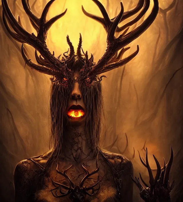 Prompt: a symmetrical matte portrait of evil druidess with glowing amber eyes, dragon wings and demonic antlers, cinematic atmospheric lighting, dark, atmospheric, brooding, painted, intricate, ultra - detailed by dave dorman, well composed, best on artstation, cgsociety, epic, stunning, gorgeous, intricate details, wow, masterpiece