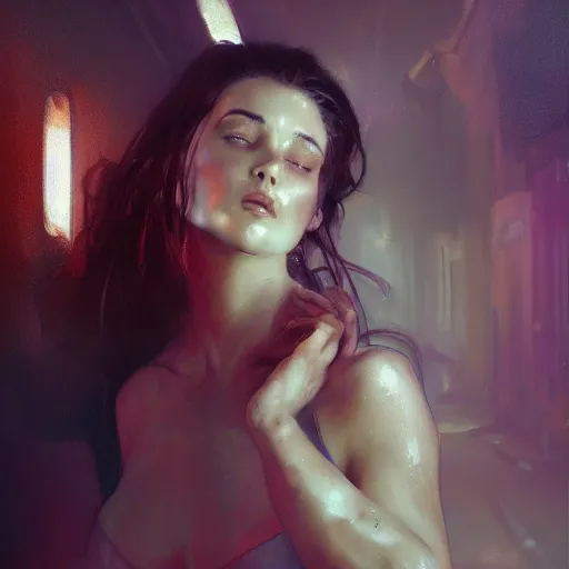 Image similar to georgia palmer, hyperrealistic full figure, bladerunner street alley, art of elysium by frank frazetta and by jeremy mann and by alphonse mucha, fantasy art, photo realistic, dynamic lighting, artstation, full figure poster, volumetric lighting, very detailed face, 4 k, award winning