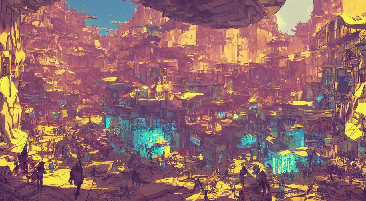 Image similar to bazaar zouk oriantal full color sky shine place mosquet painting stylized cutout vector digital illustration video game icon global illumination ray tracing that looks like it is from borderlands by victo ngai, andreas rocha, john harris and feng zhu and loish and laurie greasley,