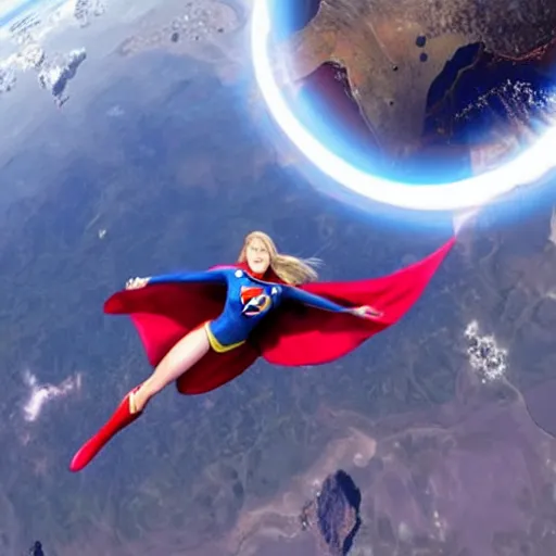 Prompt: supergirl flying through low orbit