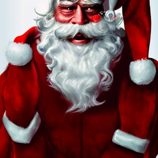 Prompt: a sinister portrait of evil Santa Claus, digital art, highly detailed, trending on artstationhq