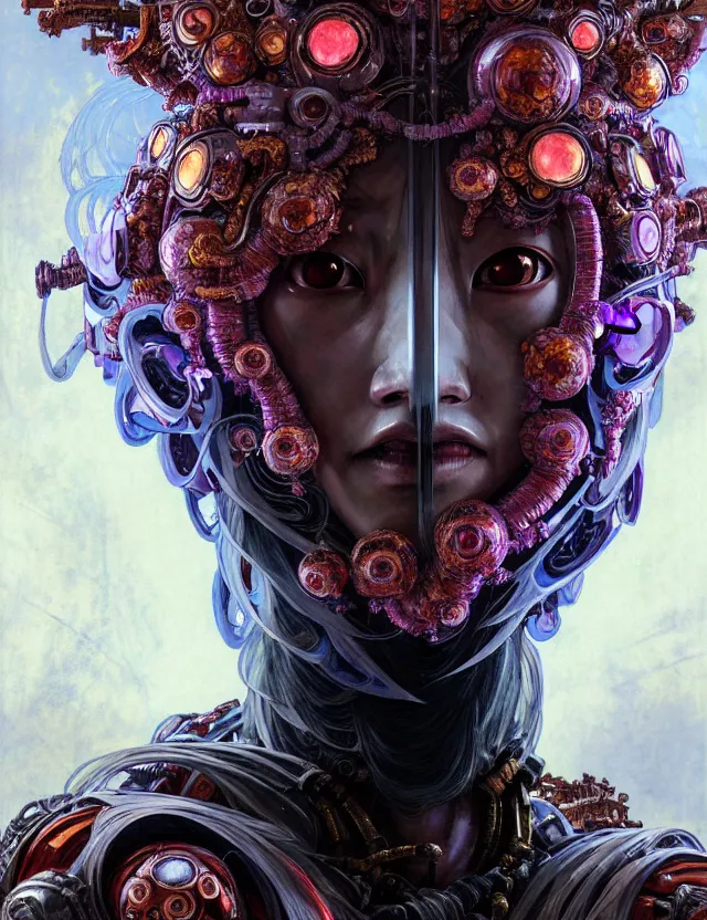 Image similar to asura from chinese myth, ghost, gorgeous and huge head ornaments, dystopian, cyberpunk, organic fractal mycelum and fungi, mecha, halfturn portrait of a big crystal face made of crystals half - turn, ominous, intricate, studio, art by anthony macbain + greg rutkowski + alphonse mucha, concept art, 4 k, sharp focus