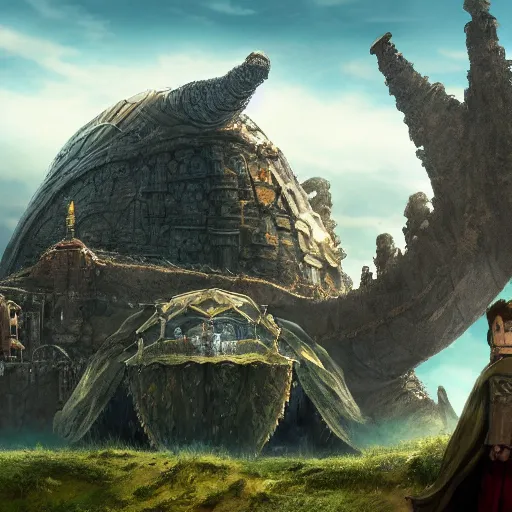 Prompt: large fantasy castle rising from the top of a giant tortoise, towering over a harsh barren wasteland, howls moving castle, mortal engines, kaiju, distant shot angled slightly up, fantasy, hyper detailed, 4 k