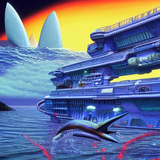 Image similar to side view a beautiful painting of a shark palace by Angus Mckie, Trending on artstation future space CG